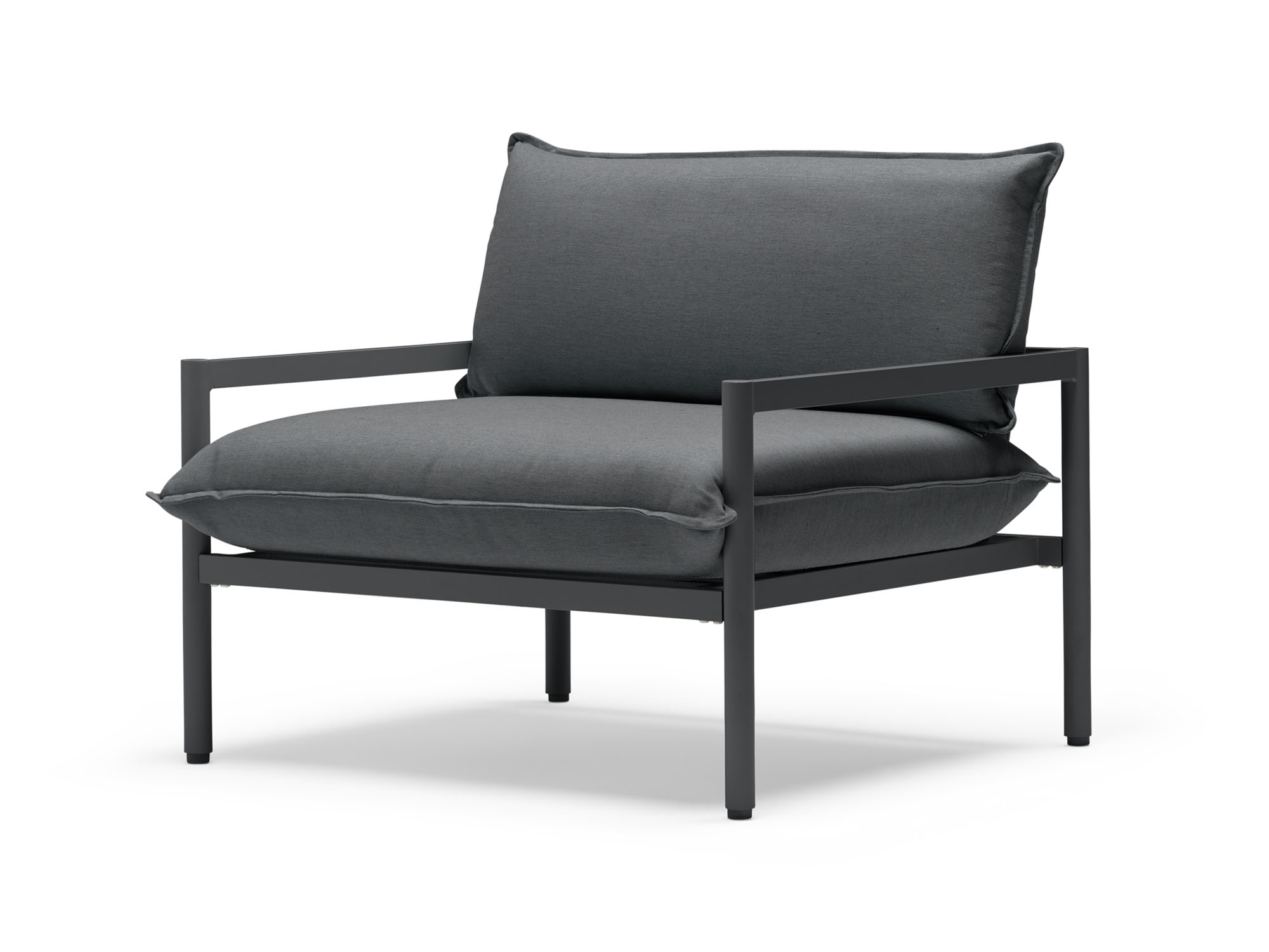 Front angle view of outdoor chair with black cushions and metal legs